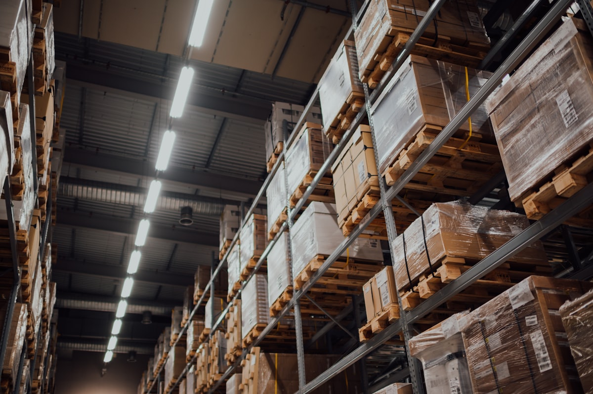 Palletized inventory in a commercial warehouse